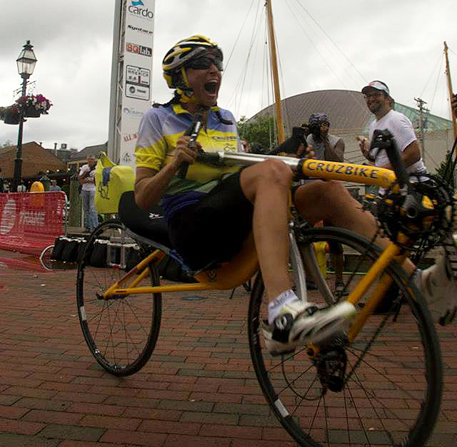 Maria Parker crosses he finish line in the Race Across America. Photo by Vic Armijo.