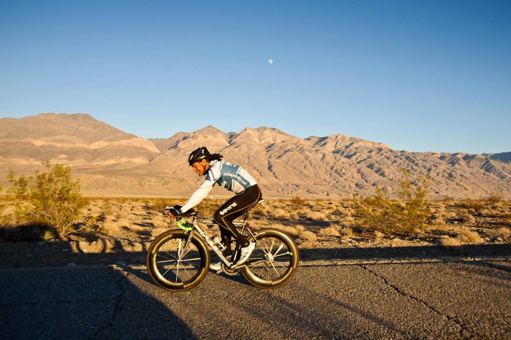George Vargas rides through the Panamint Valley during the Furnace Creek 508 in 2011.